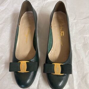 Salvatore Ferragamo Green Leather Flats with Gold Buckle